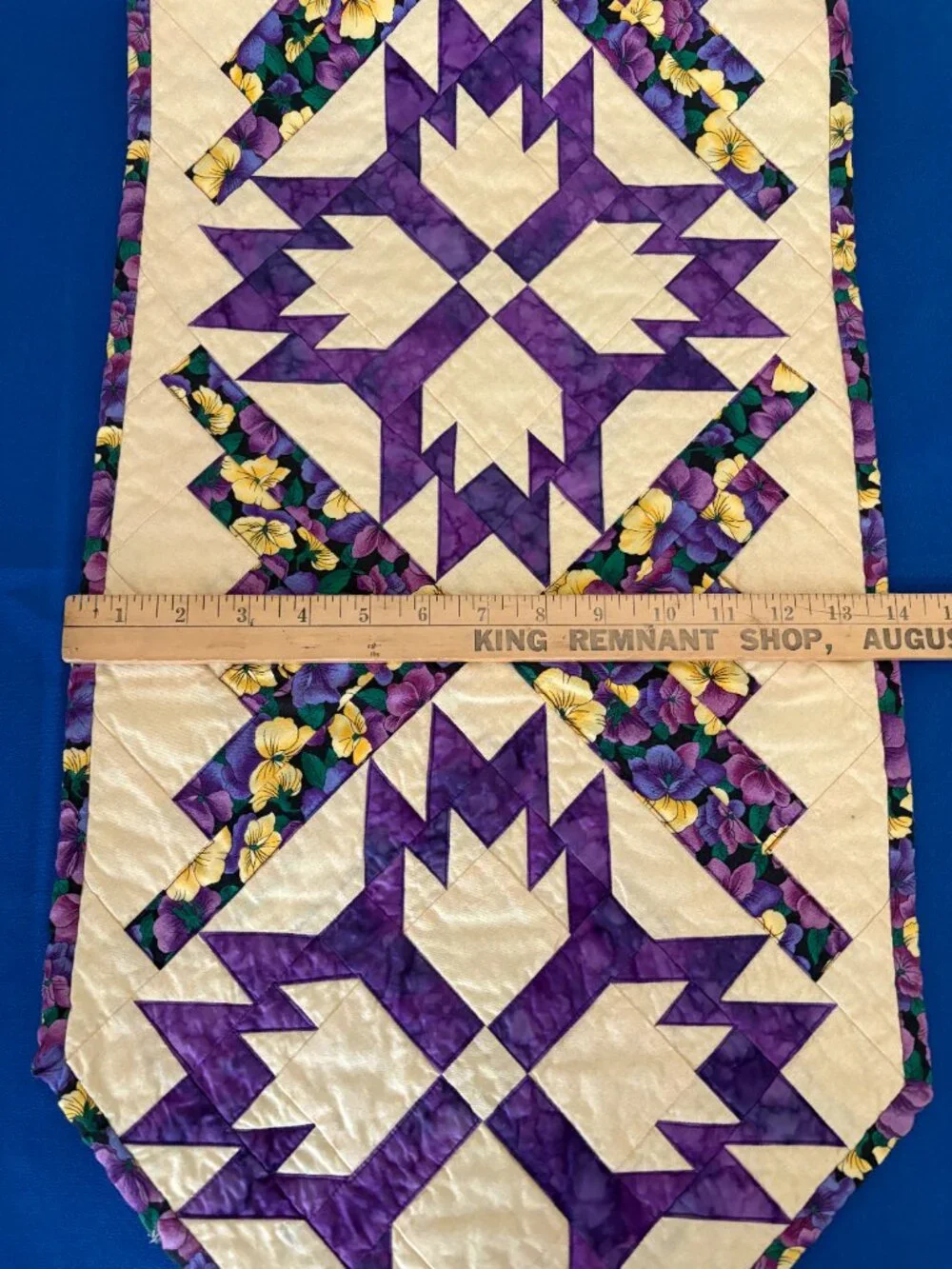 Table Runner Quilted Bear Paw Claw Star Purple Yellow Pansy Floral Handmade